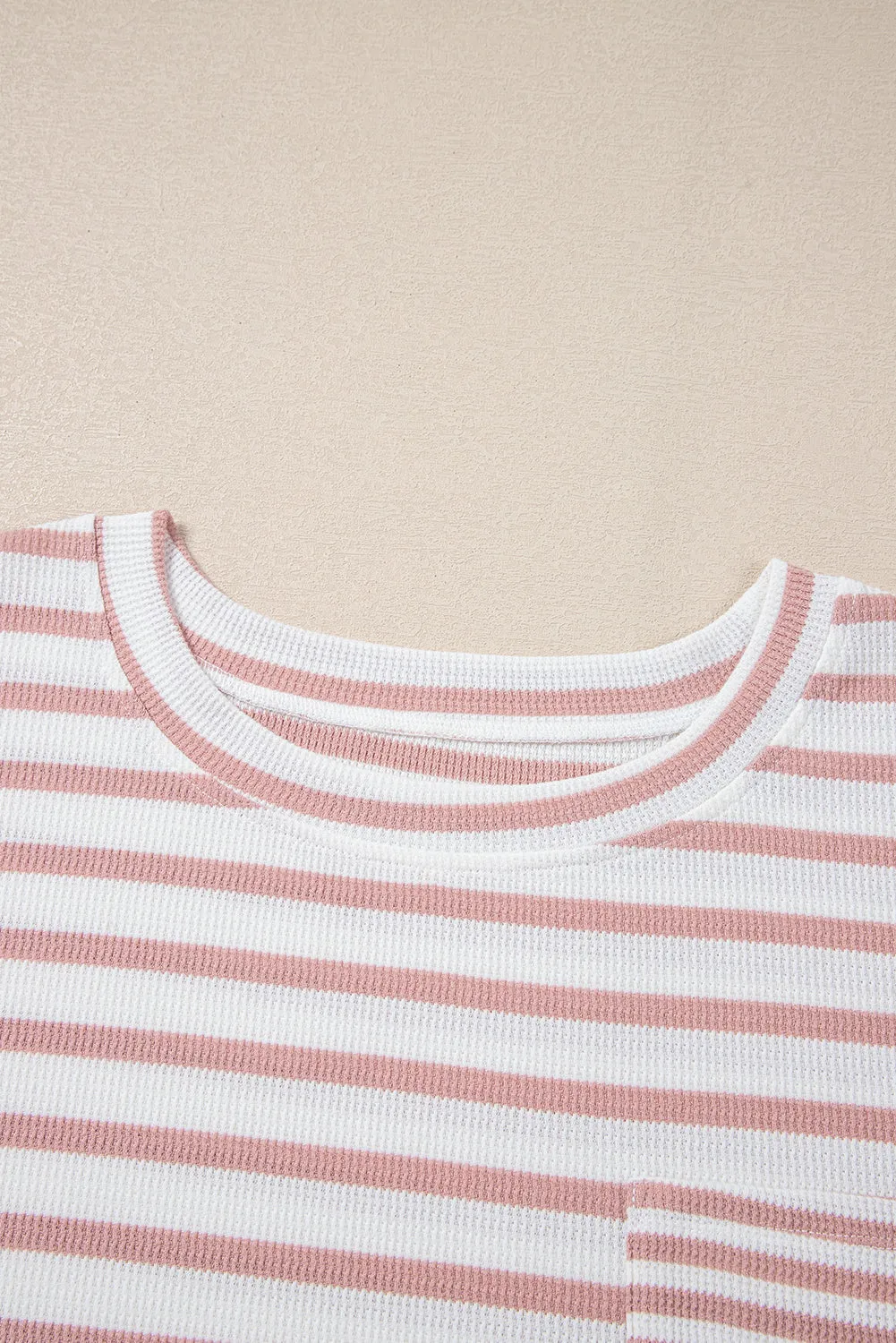 Pink Stripe Waffle Knit Pocketed Half Sleeve Plus Size T Shirt sold by Beagle Boutique product image thumbnail 5