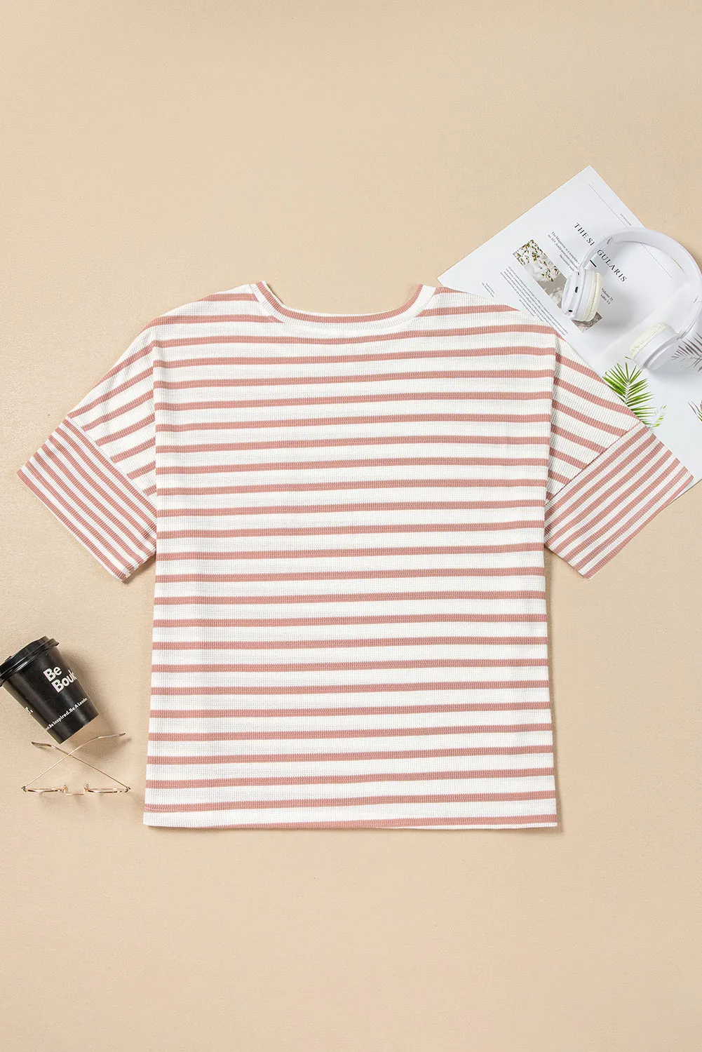 Pink Stripe Waffle Knit Pocketed Half Sleeve Plus Size T Shirt sold by Beagle Boutique product image thumbnail 2
