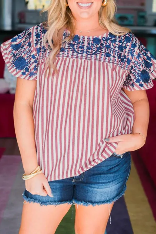 Red Stripe Plus Size Floral Embroidered Petal Sleeve Blouse sold by Beagle Boutique