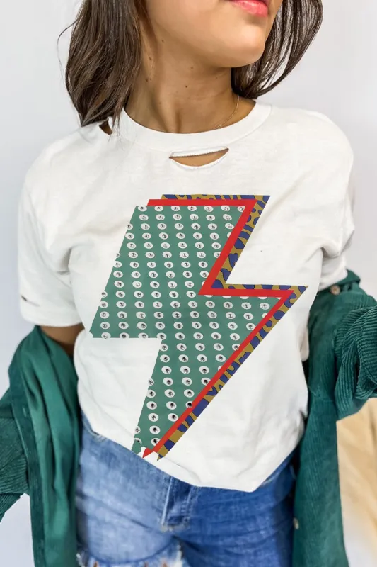 White Rhinestone Decor Bolt Graphic Ripped Western Tee made by Beagle Boutique