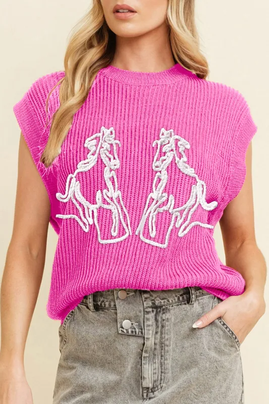 Bright Pink Western Horse Embroidered Round Neck Sweater Top sold by Beagle Boutique