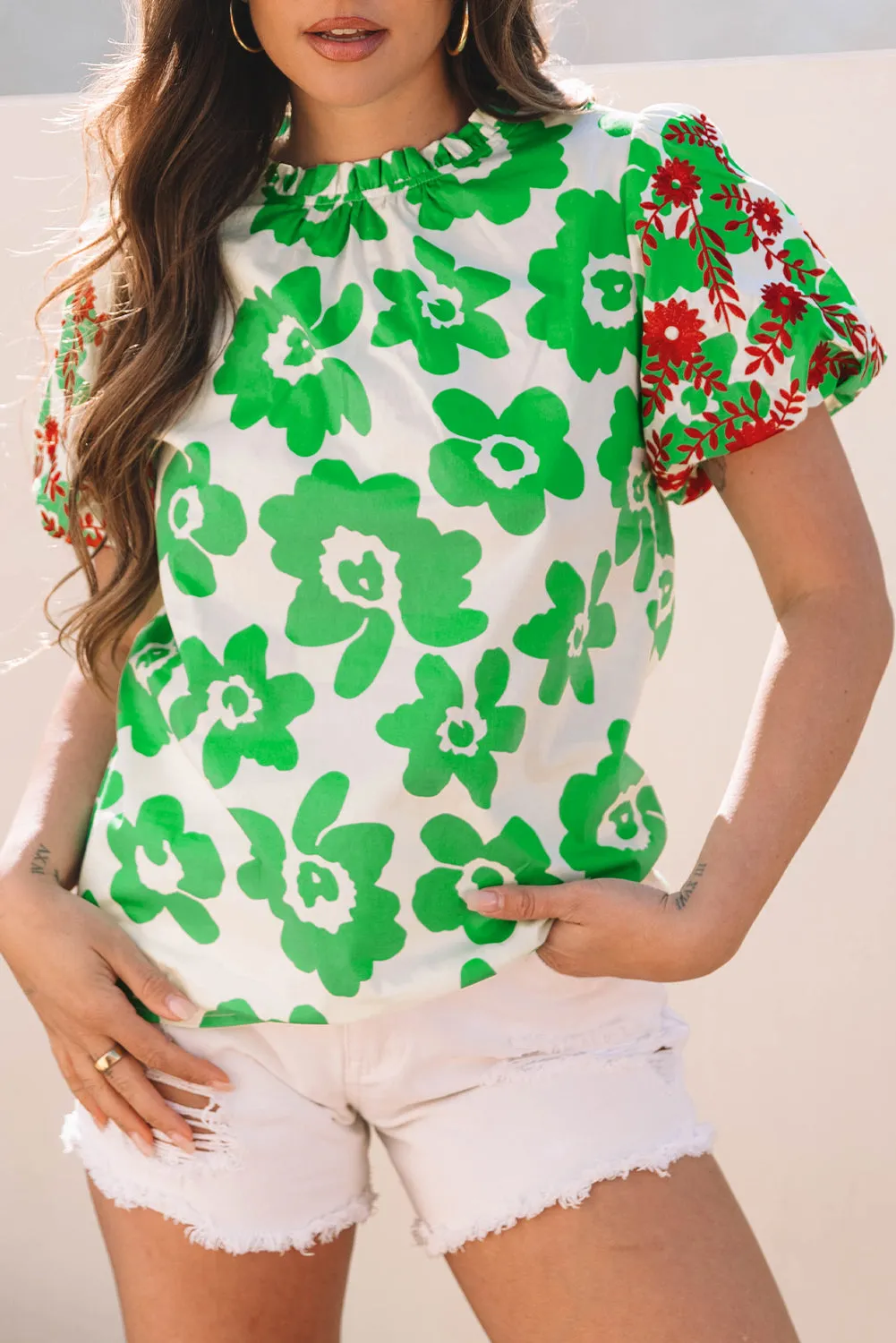 Green Contrast Embroidered Puff Short Sleeve Floral Blouse sold by Beagle Boutique product image thumbnail 5