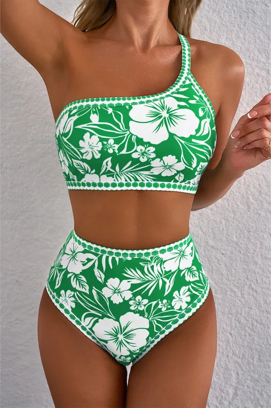 Green Floral Print One Shoulder High Waist Bikini Set sold by Beagle Boutique