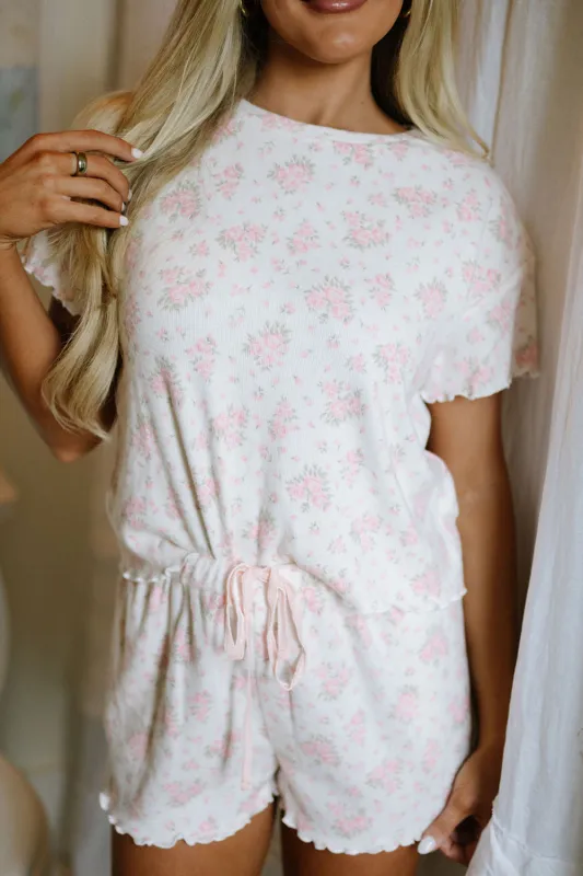 Pink Floral Lettuce Trim Tee and Shorts Ribbed Lounge Set sold by Beagle Boutique