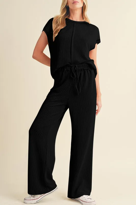 Black Solid Color Corded Short Sleeve Top and Casual Pants Set sold by Beagle Boutique