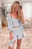 Light Grey 3 Pieces Rib Crop Camisole Matching Shorts Lounge Set with Cardigan sold by Beagle Boutique