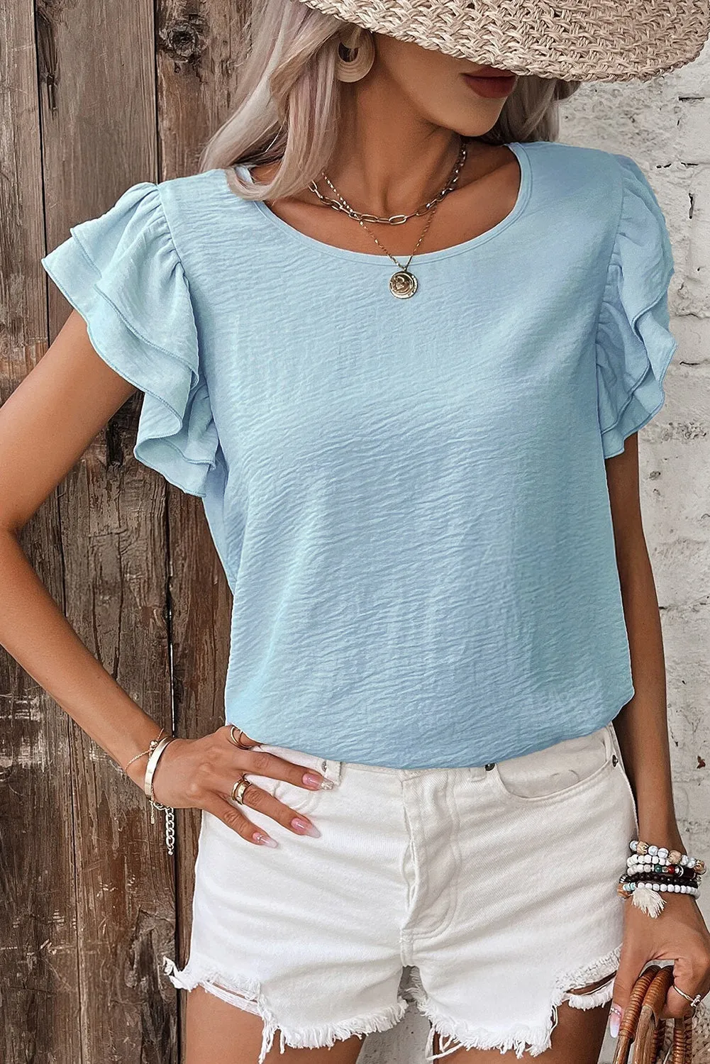 Mist Blue Solid Colour Ruffled Short Sleeve Casual Blouse sold by Beagle Boutique product image thumbnail 4