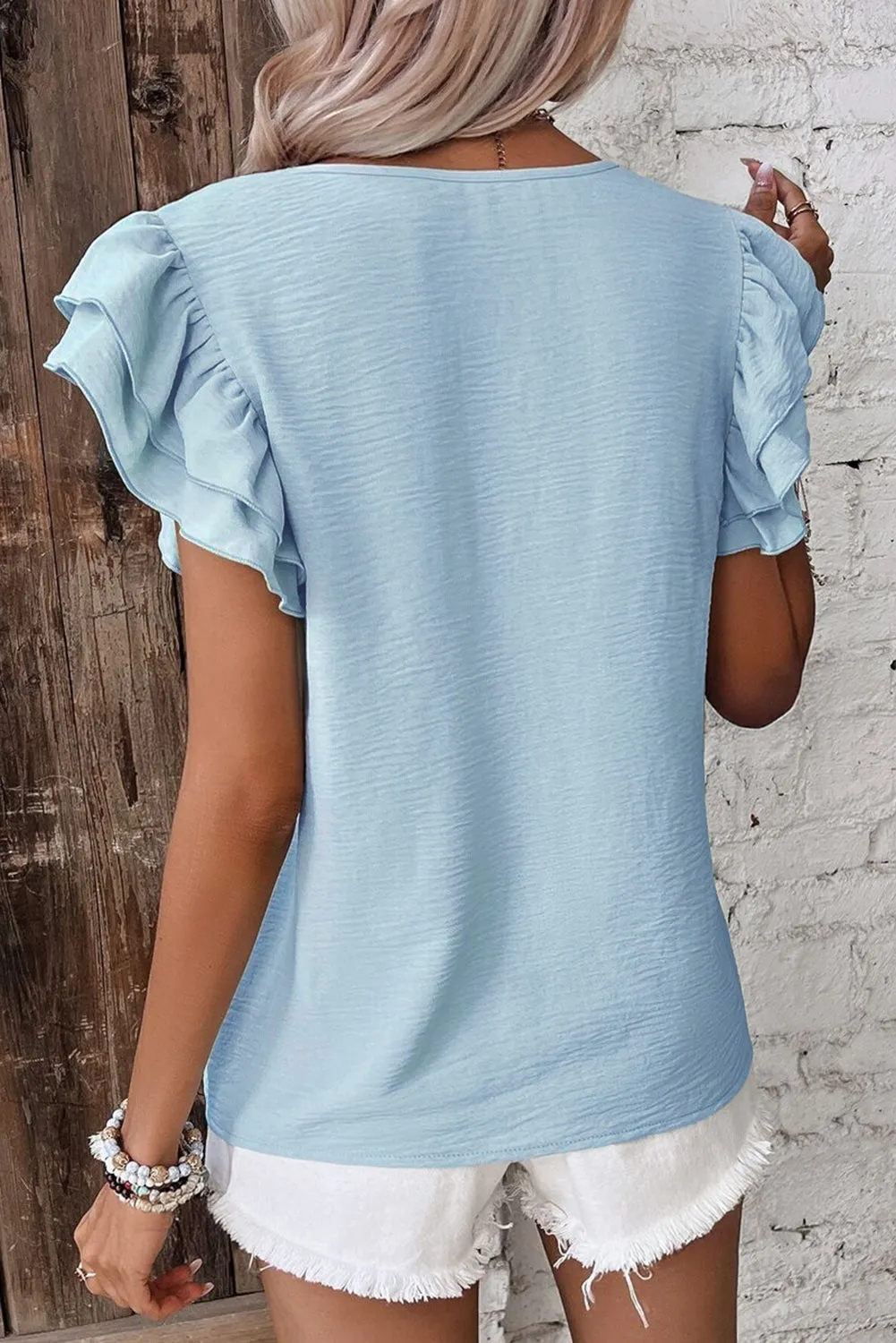 Mist Blue Solid Colour Ruffled Short Sleeve Casual Blouse sold by Beagle Boutique product image thumbnail 2