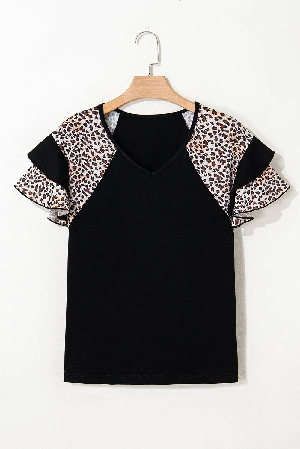 Black Leopard Print Patchwork Ruffled Sleeve V-Neck T-Shirt sold by Beagle Boutique product image thumbnail 4