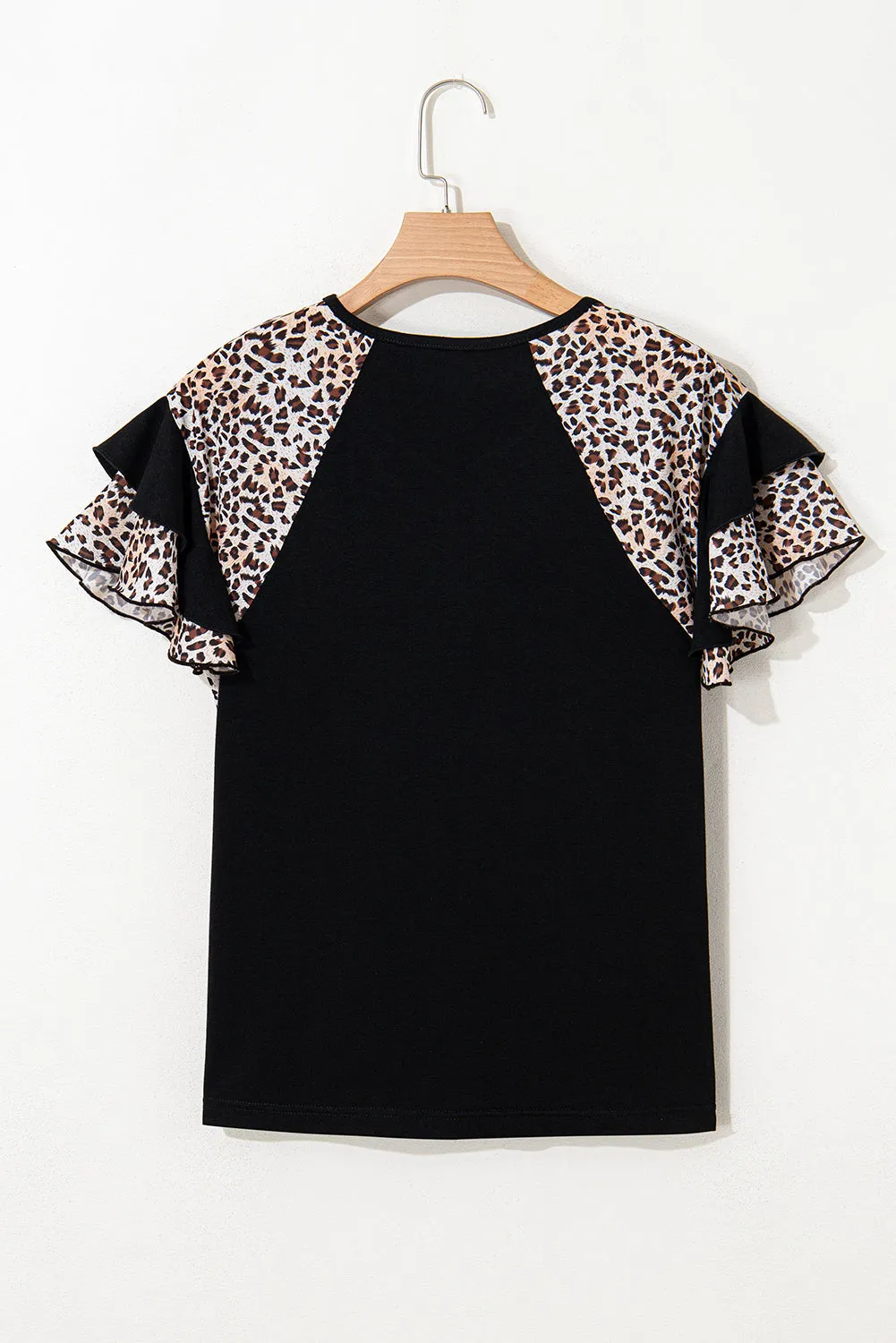 Black Leopard Print Patchwork Ruffled Sleeve V-Neck T-Shirt sold by Beagle Boutique product image thumbnail 5