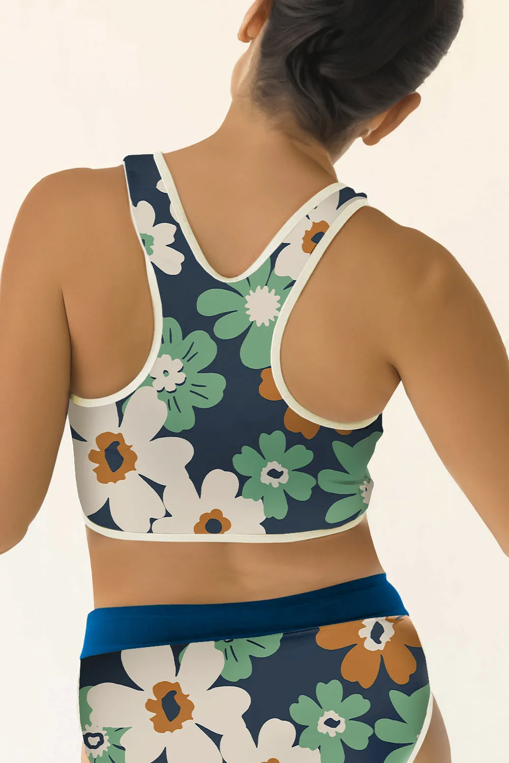 Blue Flower Zip up Racerback High Waisted Bikini sold by Beagle Boutique product image thumbnail 2