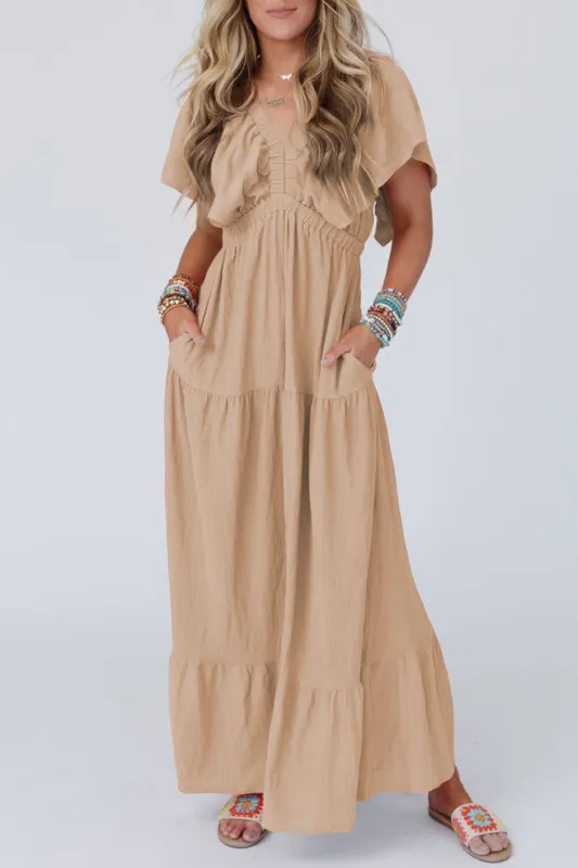 Parchment Textured V Neck Flutter Sleeve Ruffled Maxi Dress sold by Beagle Boutique