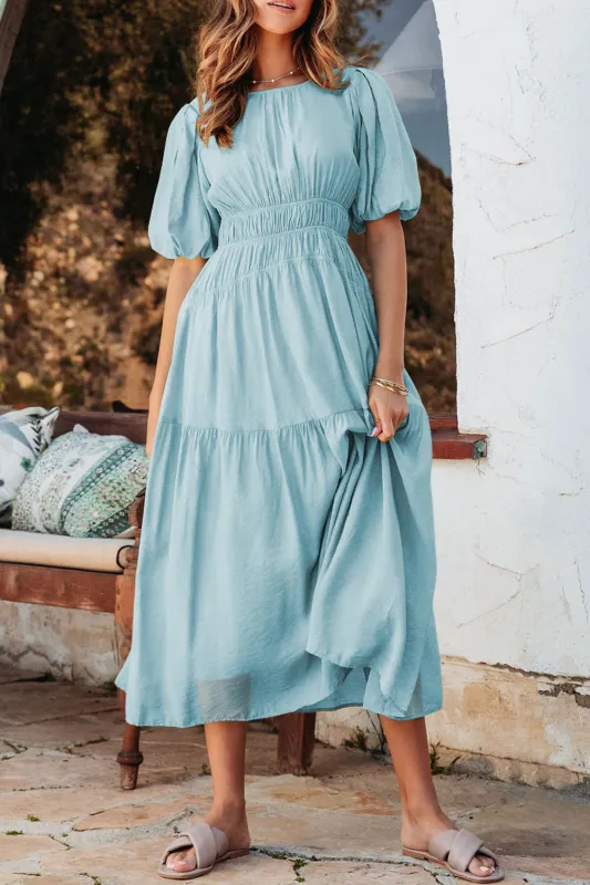 Light Blue Puff Sleeve Pleated High Waist Flowy Long Dress made by Beagle Boutique