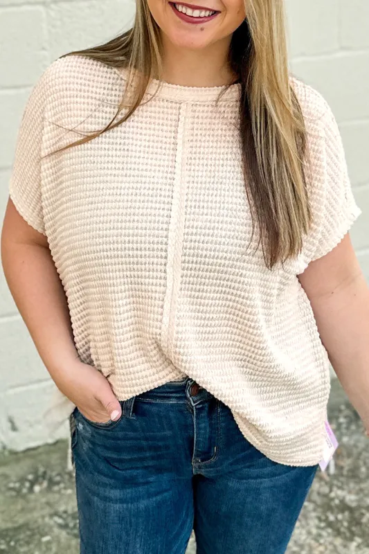 Beige Waffle Exposed Seam Detail Plus Size Short Sleeve Top sold by Beagle Boutique