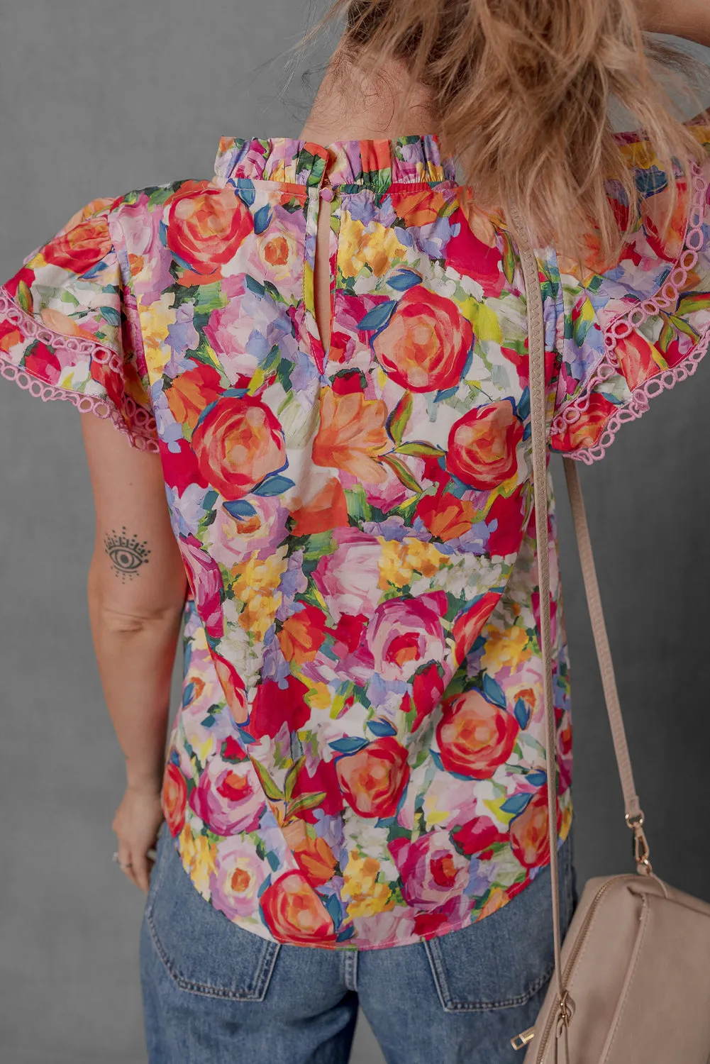 Multicolour Lace Trim Ruffle Short Sleeve Floral Blouse sold by Beagle Boutique product image thumbnail 2