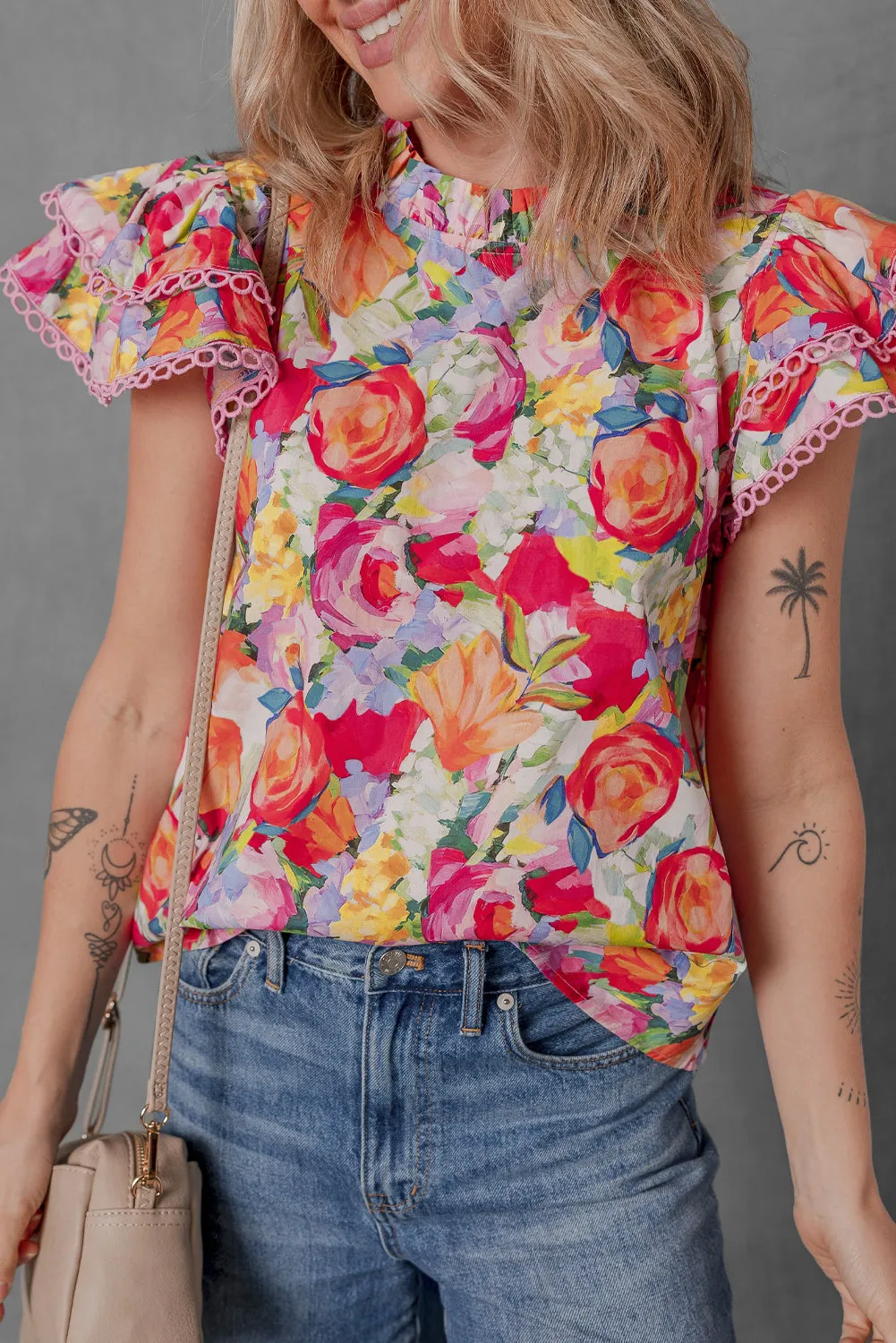 Multicolour Lace Trim Ruffle Short Sleeve Floral Blouse sold by Beagle Boutique