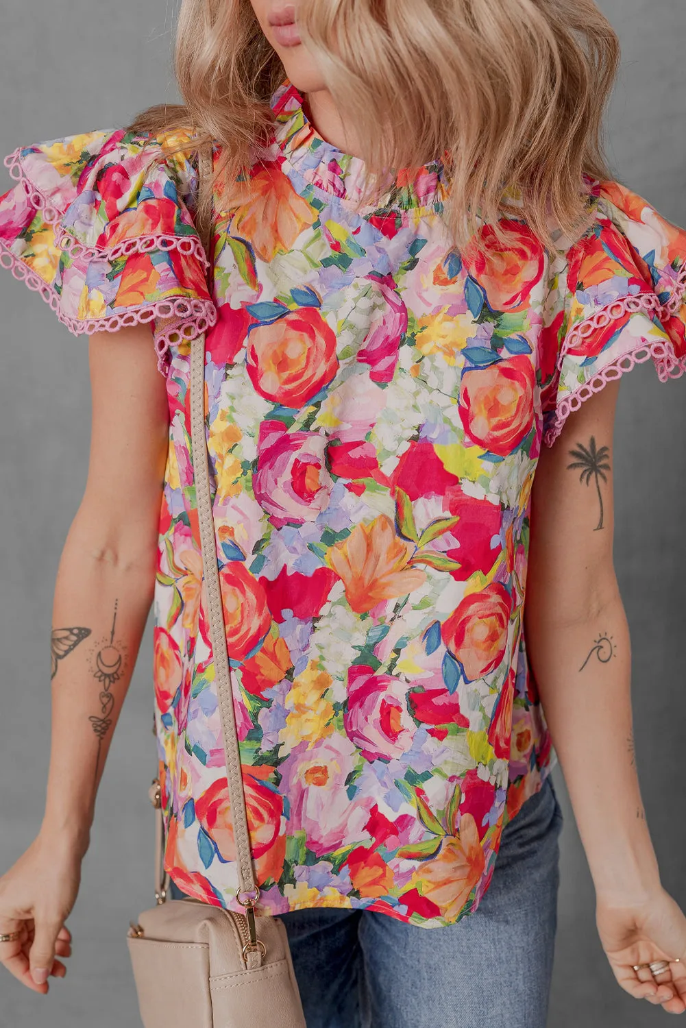 Multicolour Lace Trim Ruffle Short Sleeve Floral Blouse sold by Beagle Boutique product image thumbnail 4