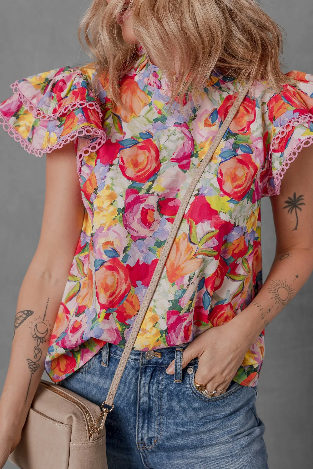 Multicolour Lace Trim Ruffle Short Sleeve Floral Blouse sold by Beagle Boutique product image thumbnail 5