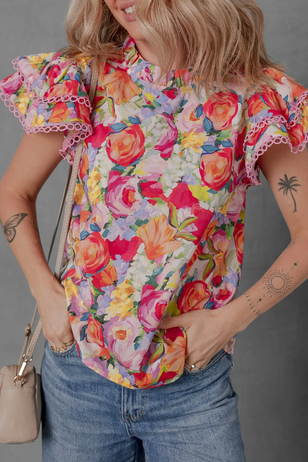 Multicolour Lace Trim Ruffle Short Sleeve Floral Blouse sold by Beagle Boutique product image thumbnail 3