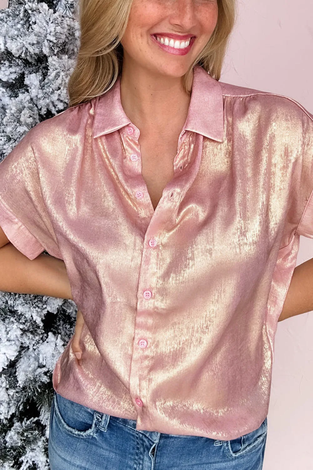 Delicacy Metallic Buttoned Loose Fit Short Sleeve Shirt sold by Beagle Boutique product image thumbnail 4