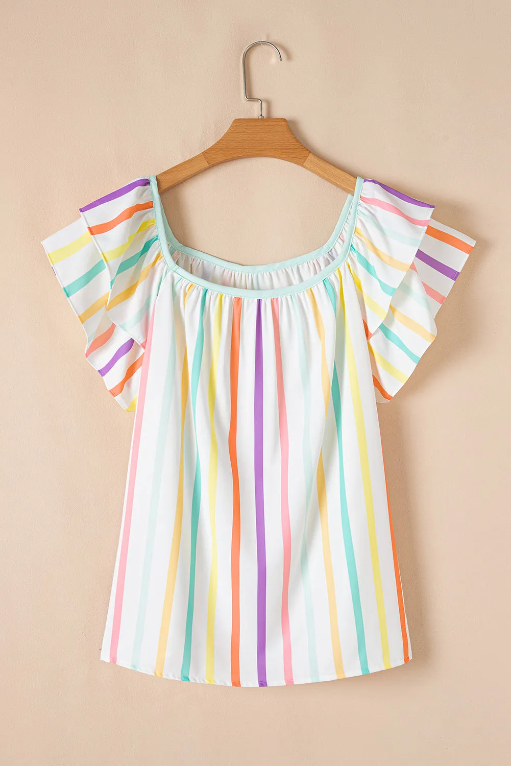 White Stripe Ruffled Sleeve Square Neck Plus Size Blouse sold by Beagle Boutique