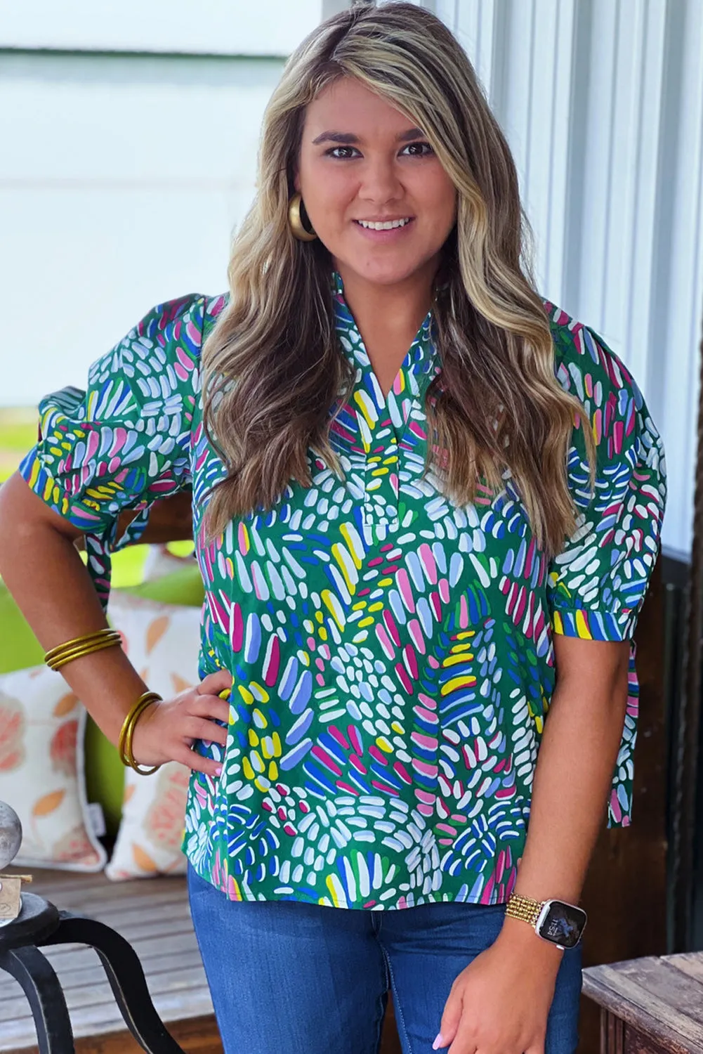 Green Abstract Print Knotted Short Sleeve Plus Size Blouse sold by Beagle Boutique product image thumbnail 5