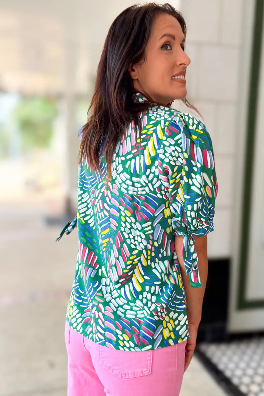Green Abstract Print Knotted Short Sleeve Plus Size Blouse sold by Beagle Boutique product image thumbnail 2