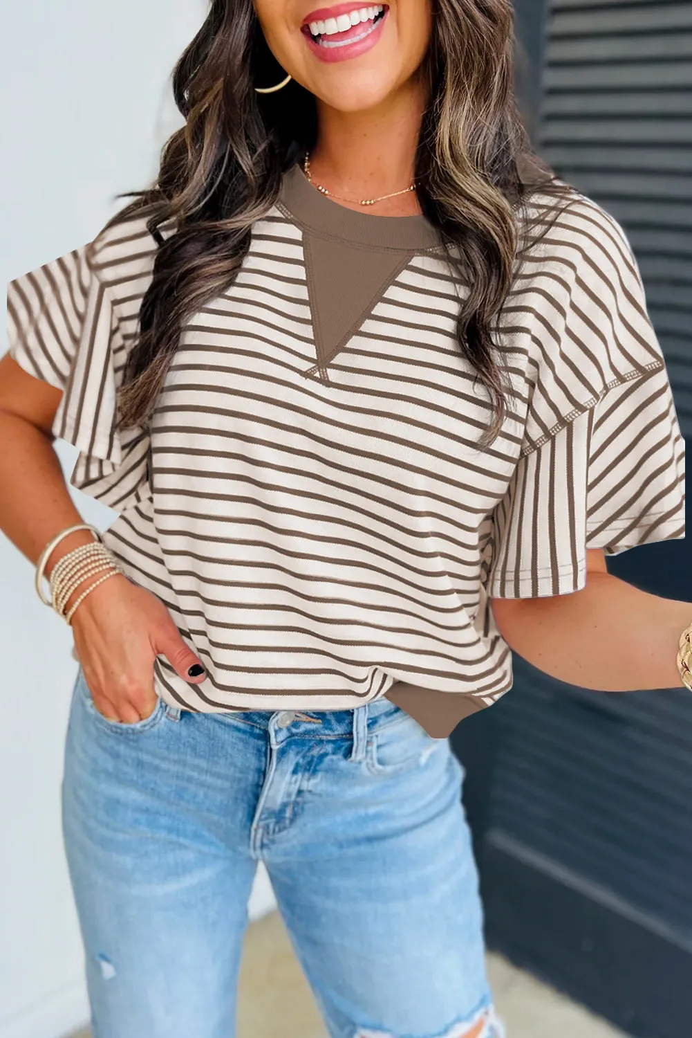 Parchment Contrast Detail Striped Ruffle Short Sleeve Top sold by Beagle Boutique