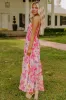 Pink Abstract Floral Print Shirred One Shoulder Maxi Dress sold by Beagle Boutique