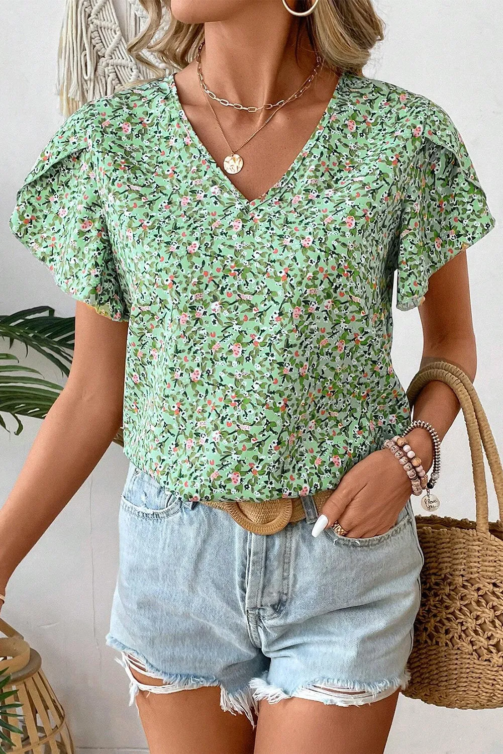 Green Boho Floral V Neck Wrap Short Sleeve Blouse sold by Beagle Boutique product image thumbnail 3