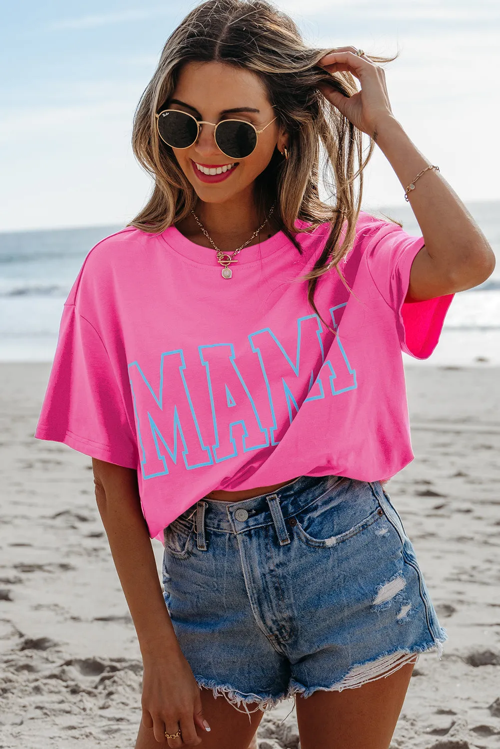 Bright Pink MAMA Letter Graphic Neon T Shirt sold by Beagle Boutique product image thumbnail 3