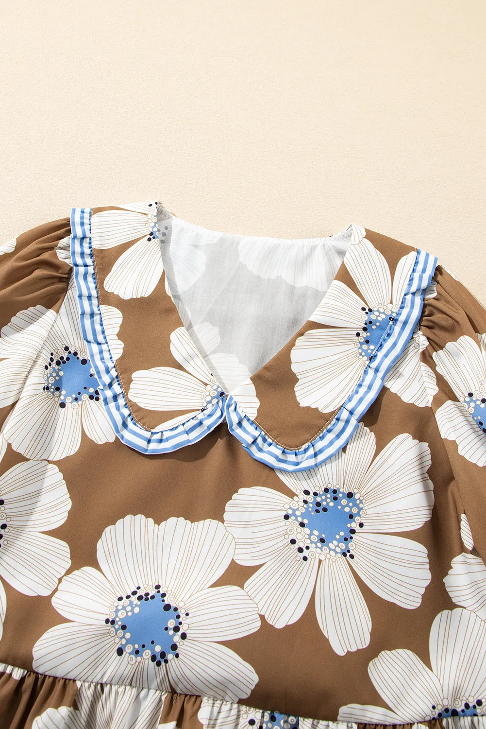 Brown Floral Print Striped Tie Sleeve Collared V Neck Blouse sold by Beagle Boutique product image thumbnail 4