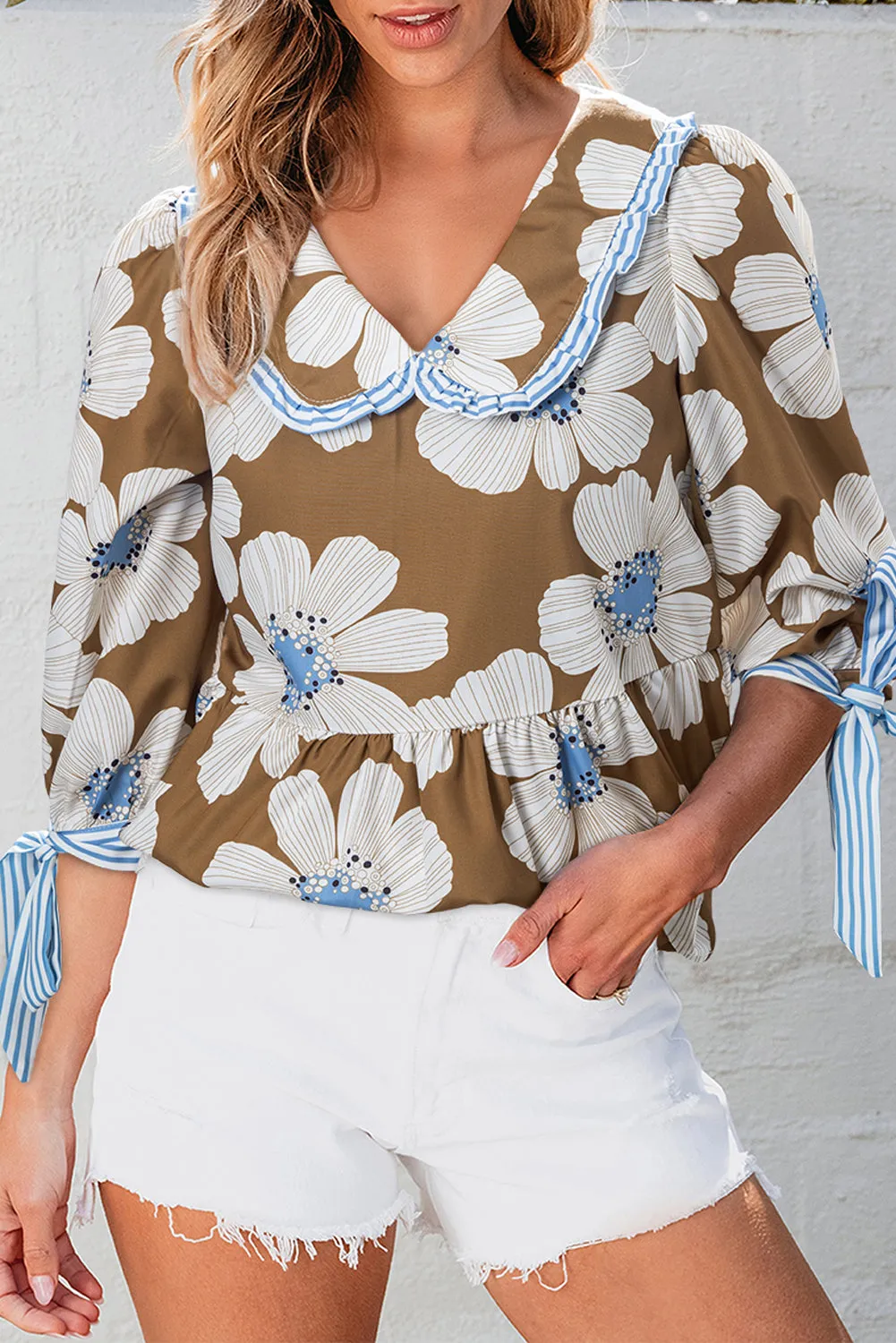 Brown Floral Print Striped Tie Sleeve Collared V Neck Blouse sold by Beagle Boutique