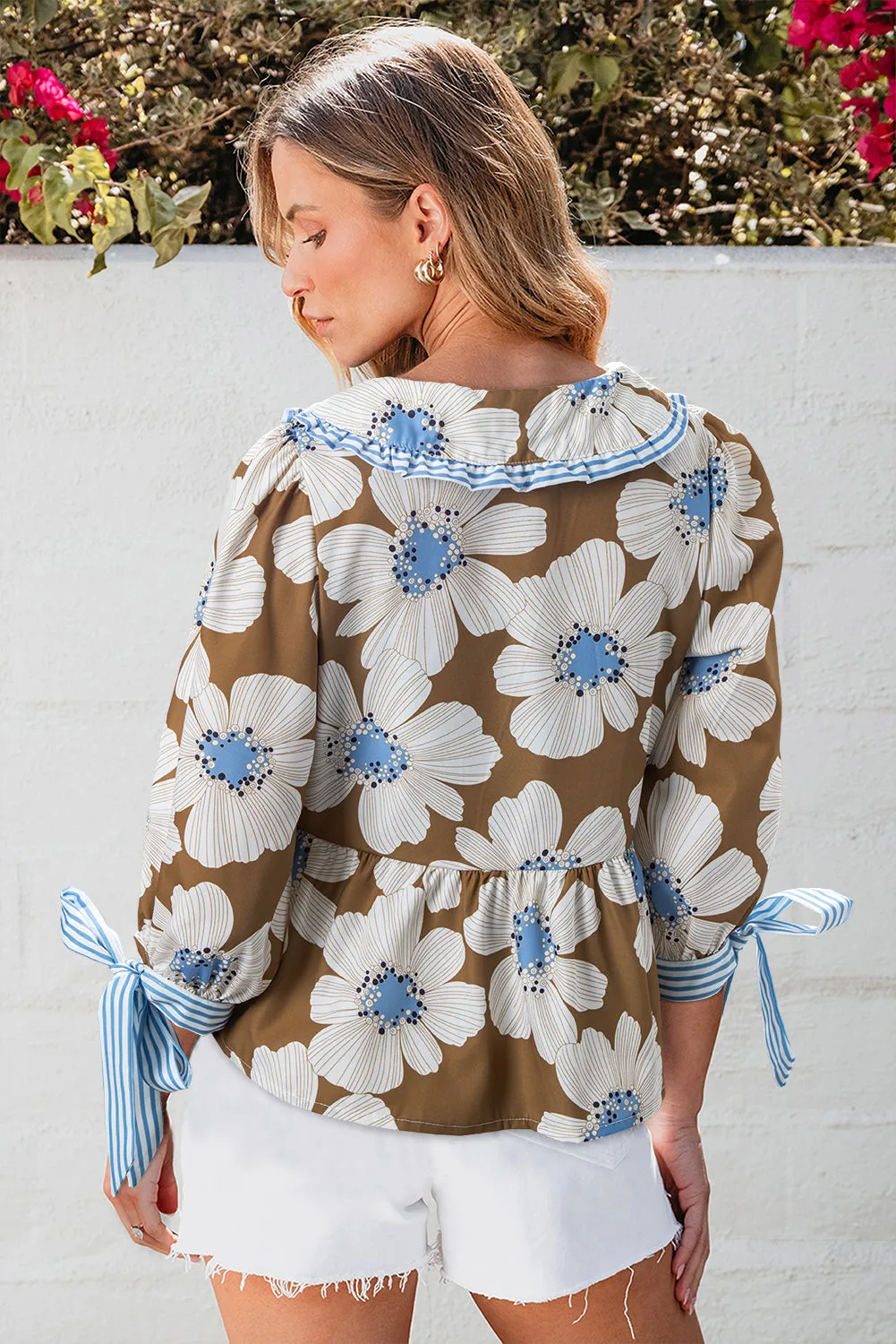 Brown Floral Print Striped Tie Sleeve Collared V Neck Blouse sold by Beagle Boutique product image thumbnail 2