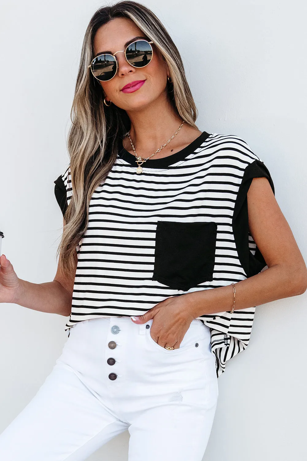 Black Stripe Chest Pocket Patch Round Neck Tank Top sold by Beagle Boutique product image thumbnail 3