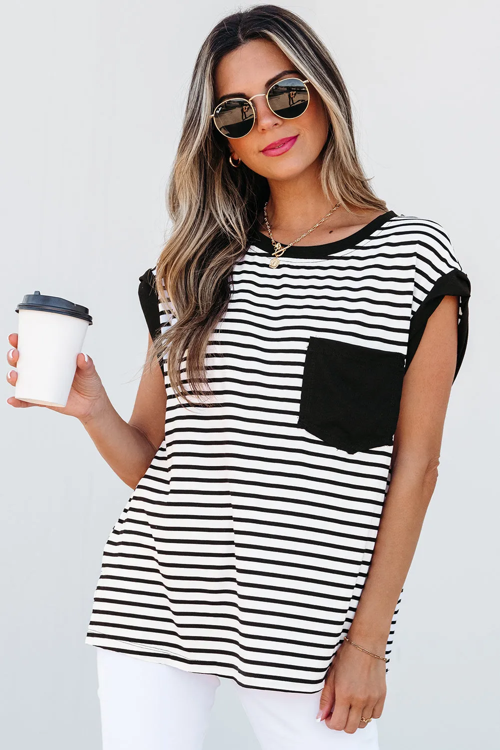 Black Stripe Chest Pocket Patch Round Neck Tank Top sold by Beagle Boutique