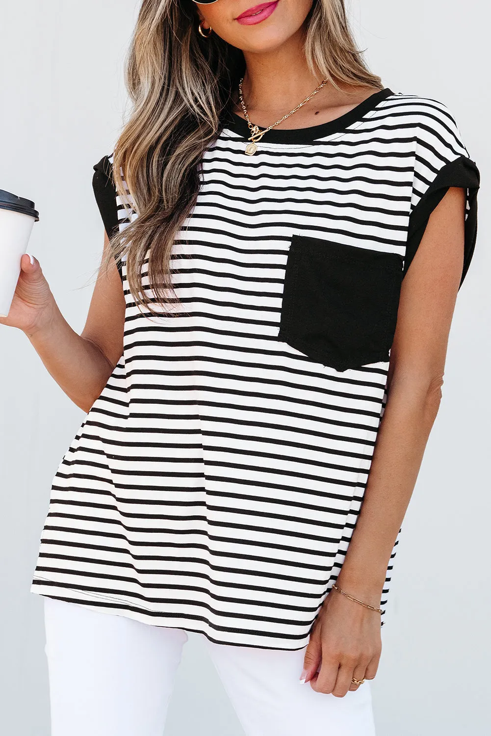 Black Stripe Chest Pocket Patch Round Neck Tank Top sold by Beagle Boutique product image thumbnail 4