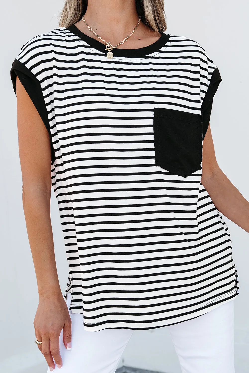 Black Stripe Chest Pocket Patch Round Neck Tank Top sold by Beagle Boutique product image thumbnail 5