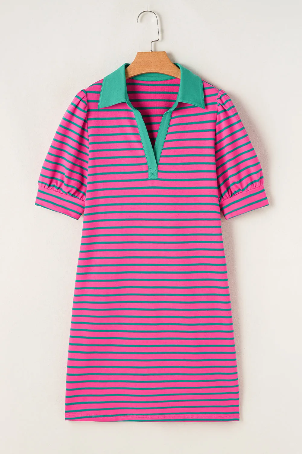 Pink Stripe Collared V Neck Puff Sleeve T Shirt Dress sold by Beagle Boutique product image thumbnail 3