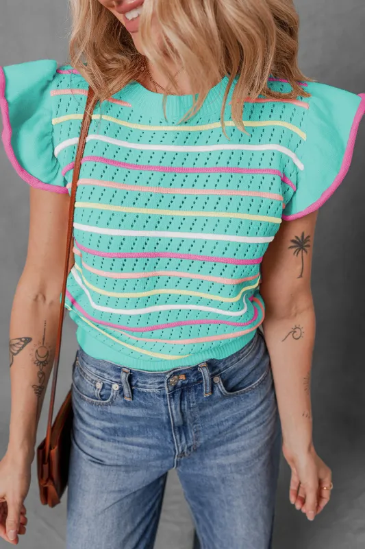 Green Colourful Striped Eyelet Knit Ruffled Sleeve Sweater T Shirt sold by Beagle Boutique