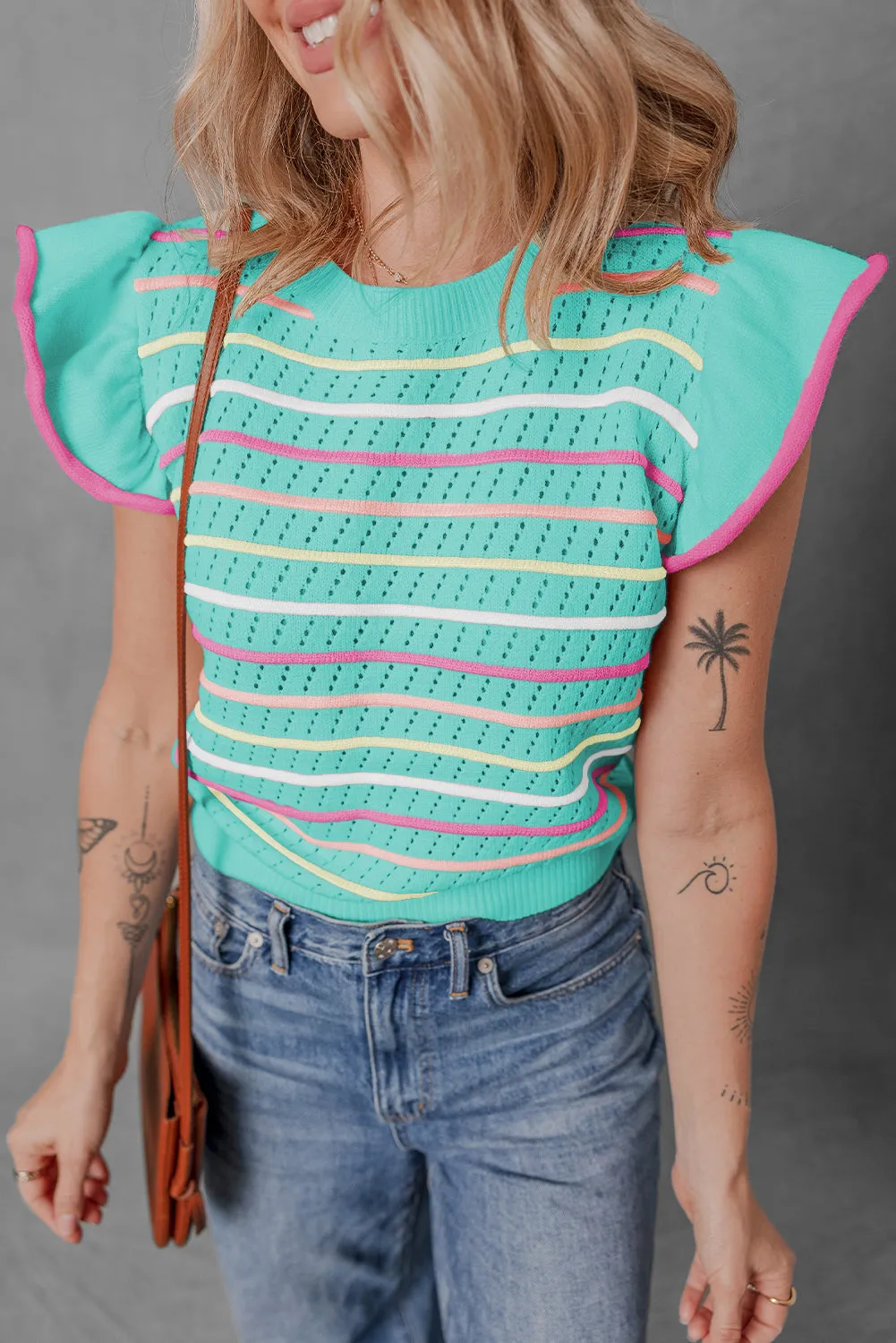 Green Colourful Striped Eyelet Knit Ruffled Sleeve Sweater T Shirt sold by Beagle Boutique product image thumbnail 3