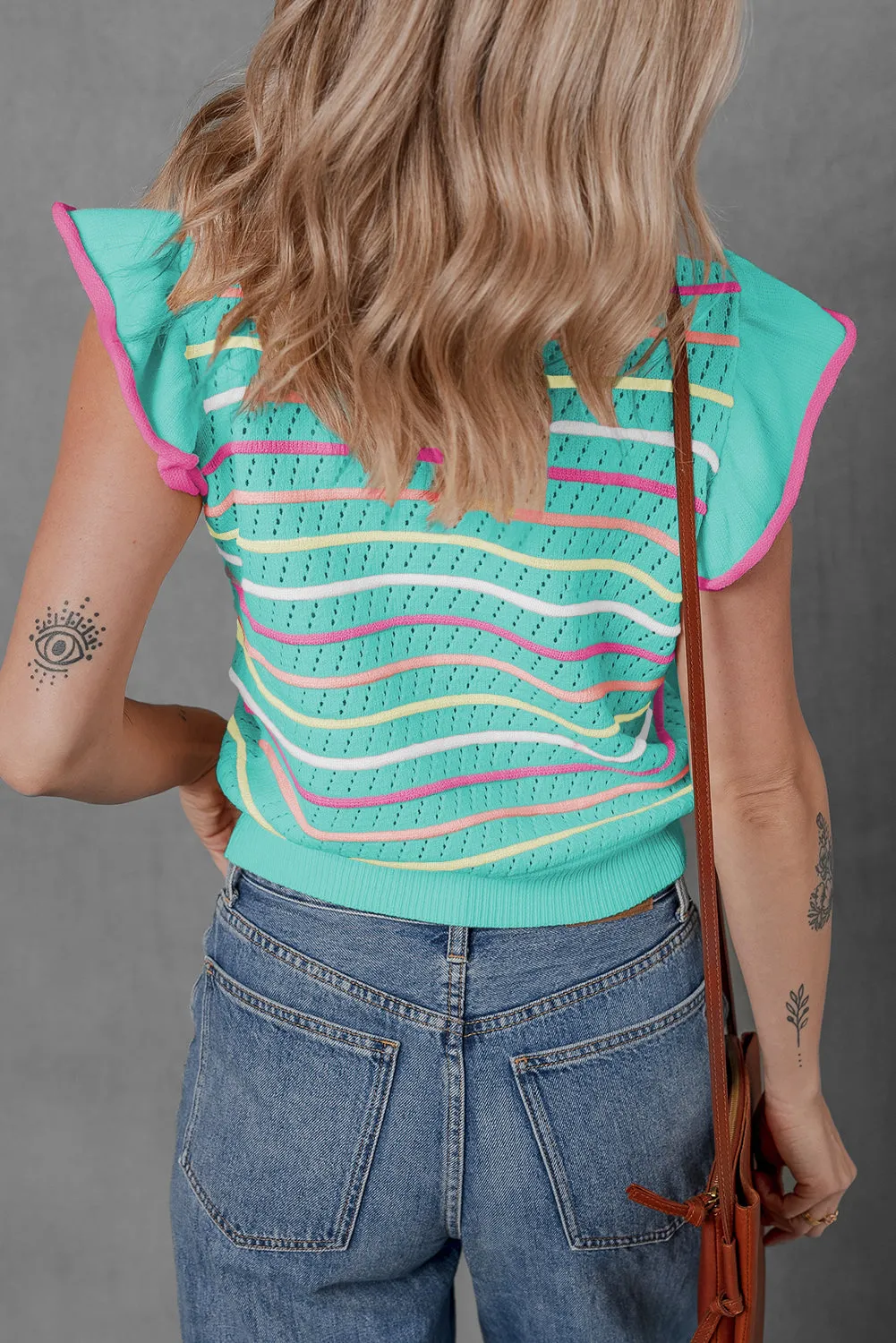 Green Colourful Striped Eyelet Knit Ruffled Sleeve Sweater T Shirt sold by Beagle Boutique product image thumbnail 2