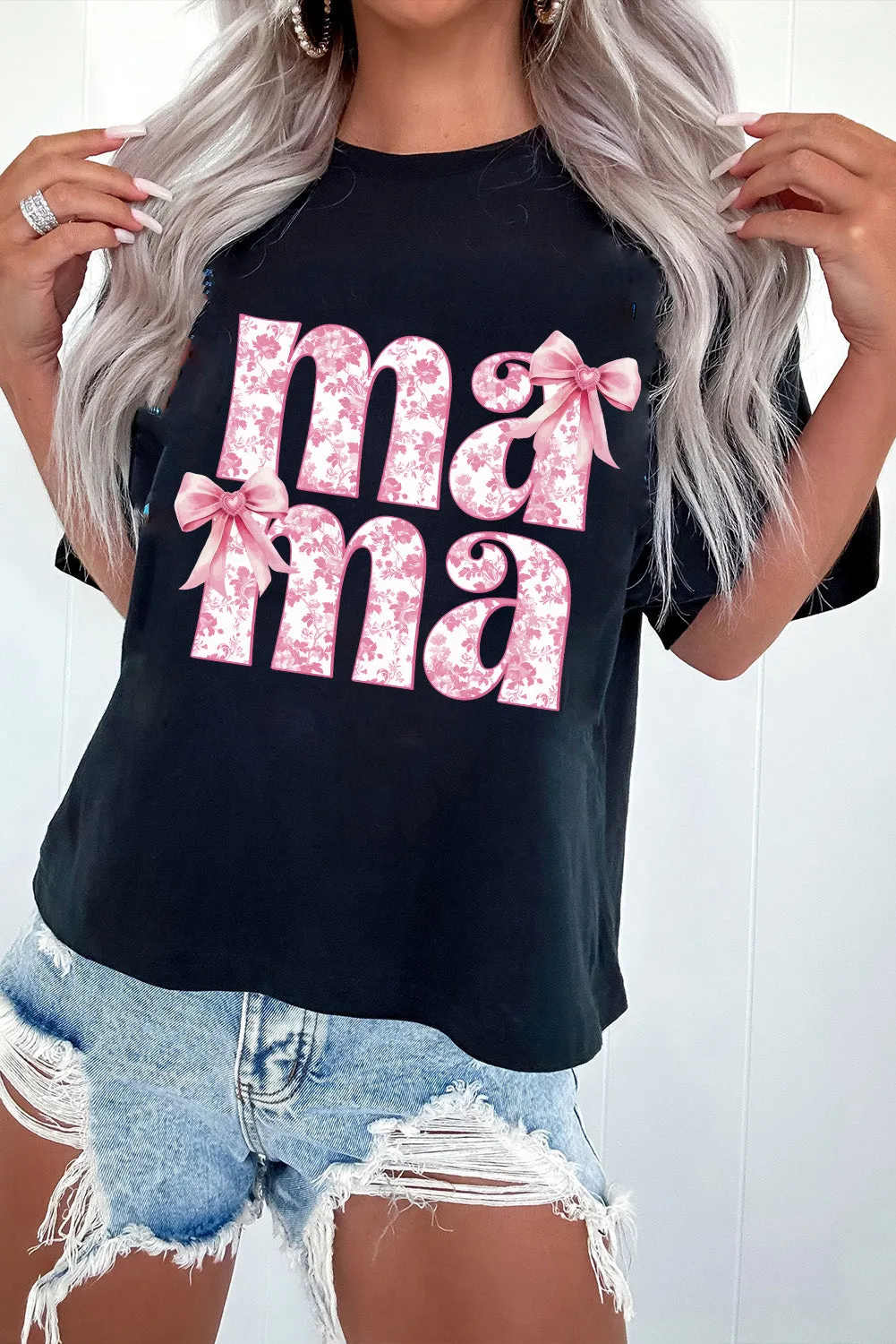 Black Floral Bow Mama Graphic Crewneck Tee sold by Beagle Boutique product image thumbnail 4