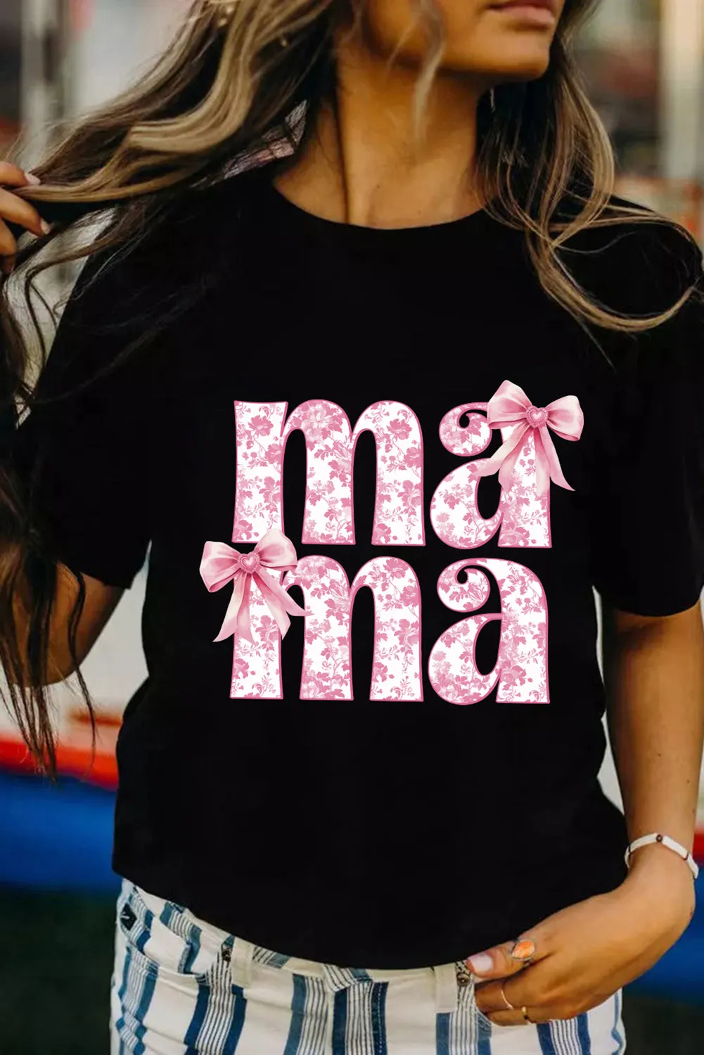 Black Floral Bow Mama Graphic Crewneck Tee sold by Beagle Boutique product image thumbnail 3