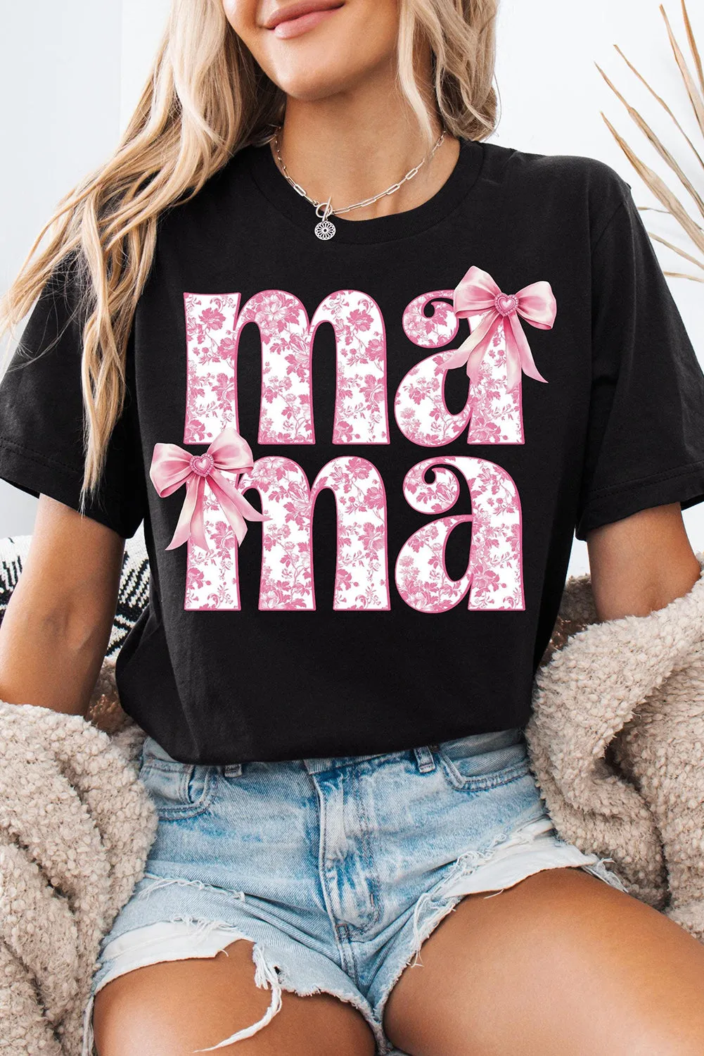 Black Floral Bow Mama Graphic Crewneck Tee sold by Beagle Boutique