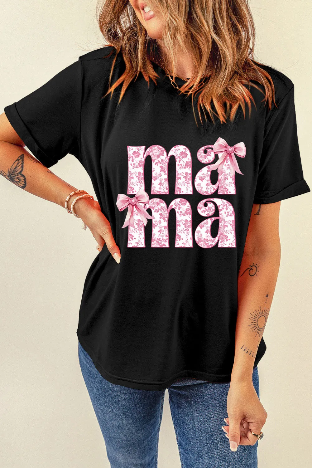 Black Floral Bow Mama Graphic Crewneck Tee sold by Beagle Boutique product image thumbnail 5