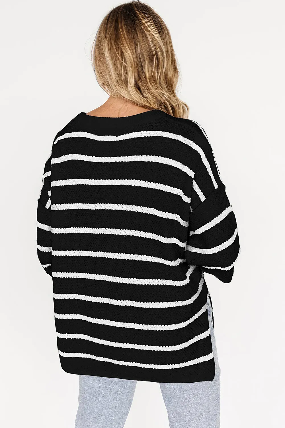 Black Stripe Henley Buttoned Placket Drop Shoulder Bracelet Sleeve Knit Sweater Tee sold by Beagle Boutique product image thumbnail 2