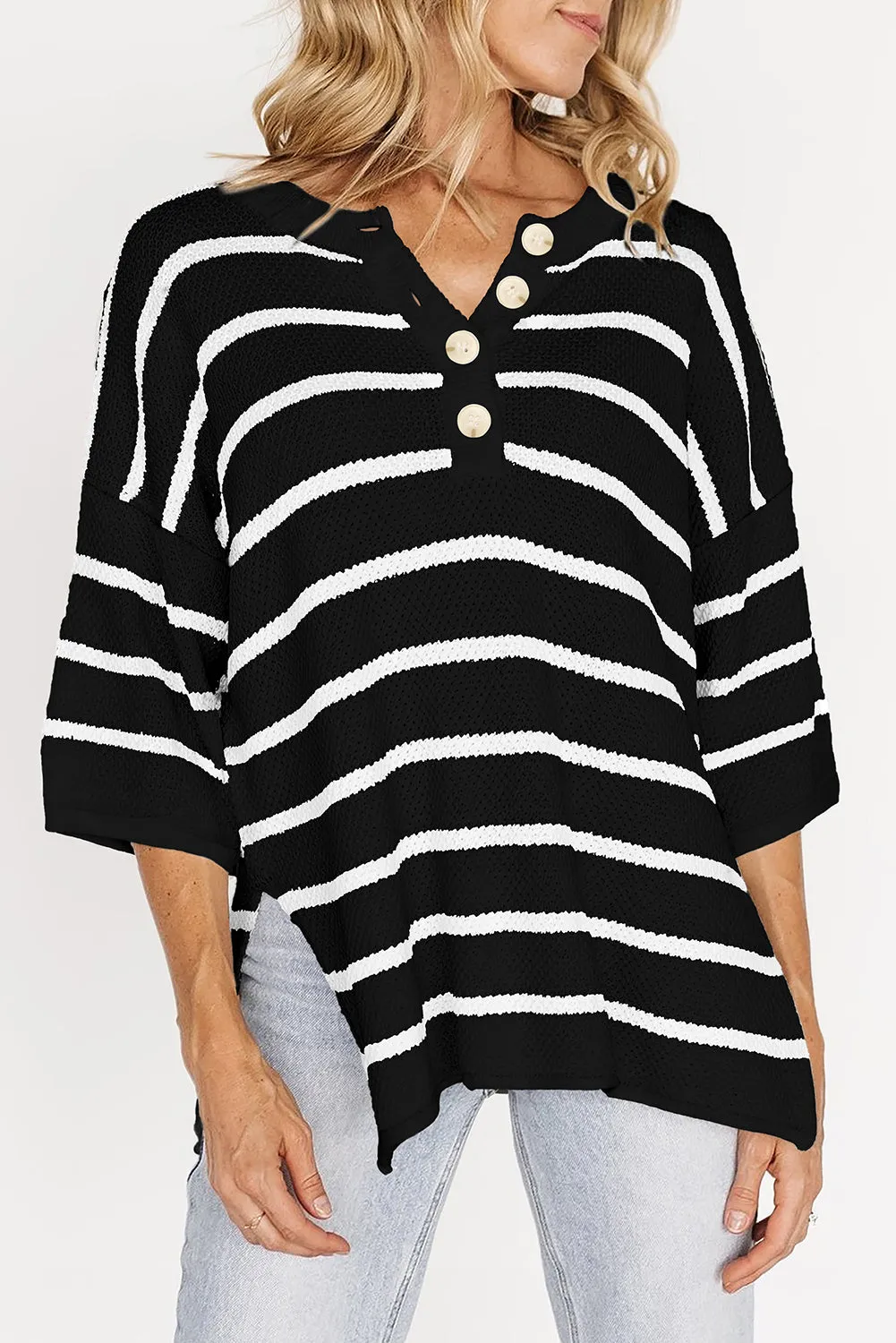 Black Stripe Henley Buttoned Placket Drop Shoulder Bracelet Sleeve Knit Sweater Tee sold by Beagle Boutique