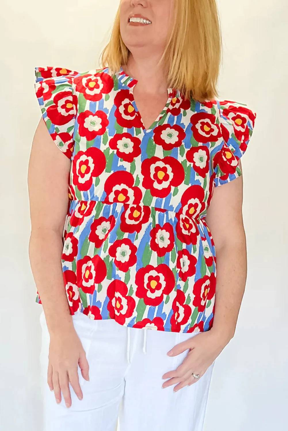 Red Plus Size Floral Print Ruffle Trim Split Neck Peplum Top sold by Beagle Boutique