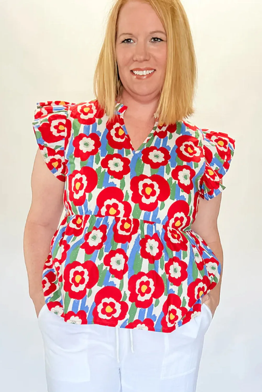 Red Plus Size Floral Print Ruffle Trim Split Neck Peplum Top sold by Beagle Boutique product image thumbnail 4